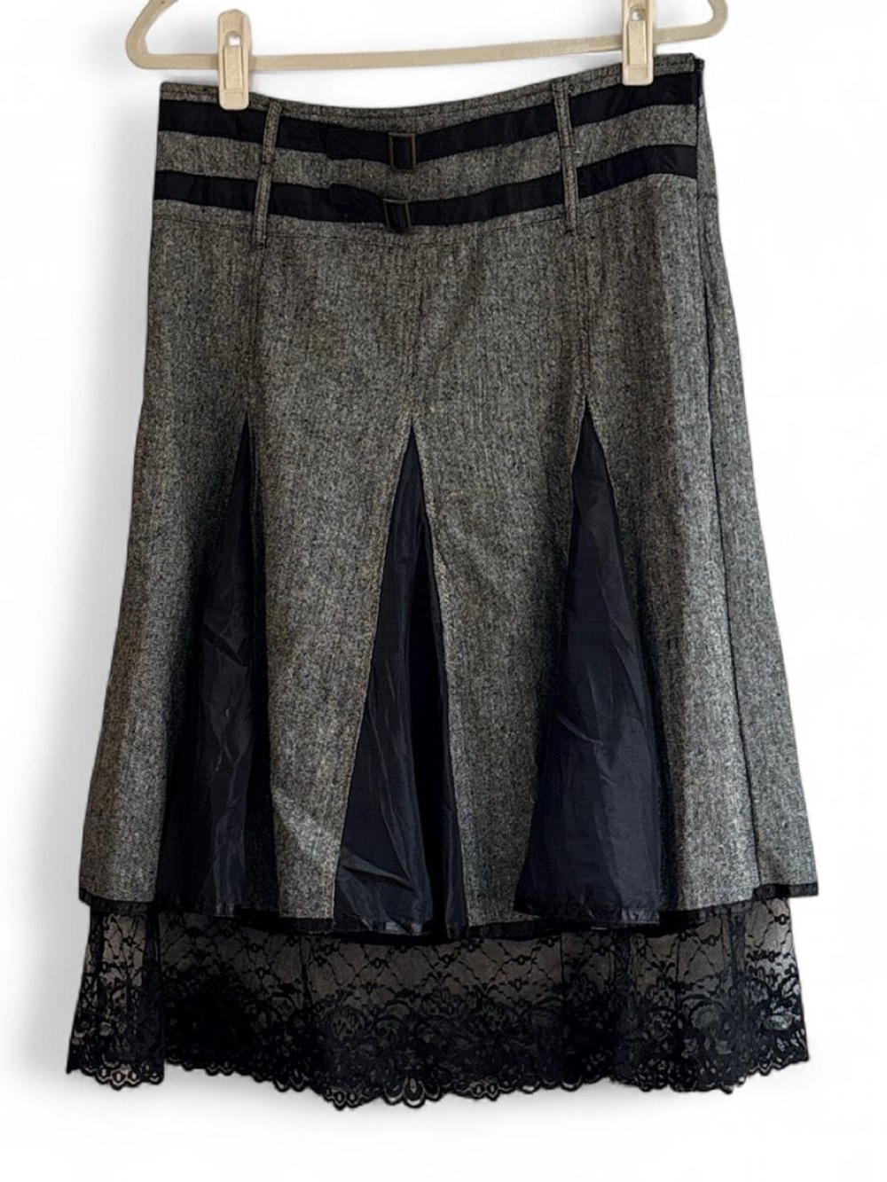 Coco & Tashi Wool Blend Tweed & Black Lace Grunge Midi Skirt Size L